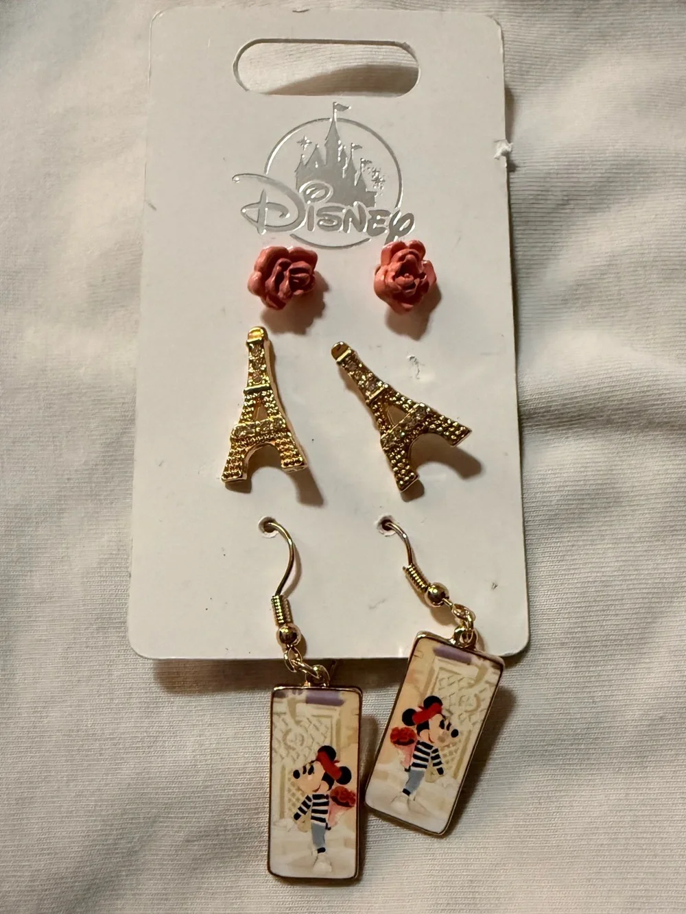 Epcot Disney Minnie Paris Rectangle Dangle + Rose Stud Earring Set, Gold